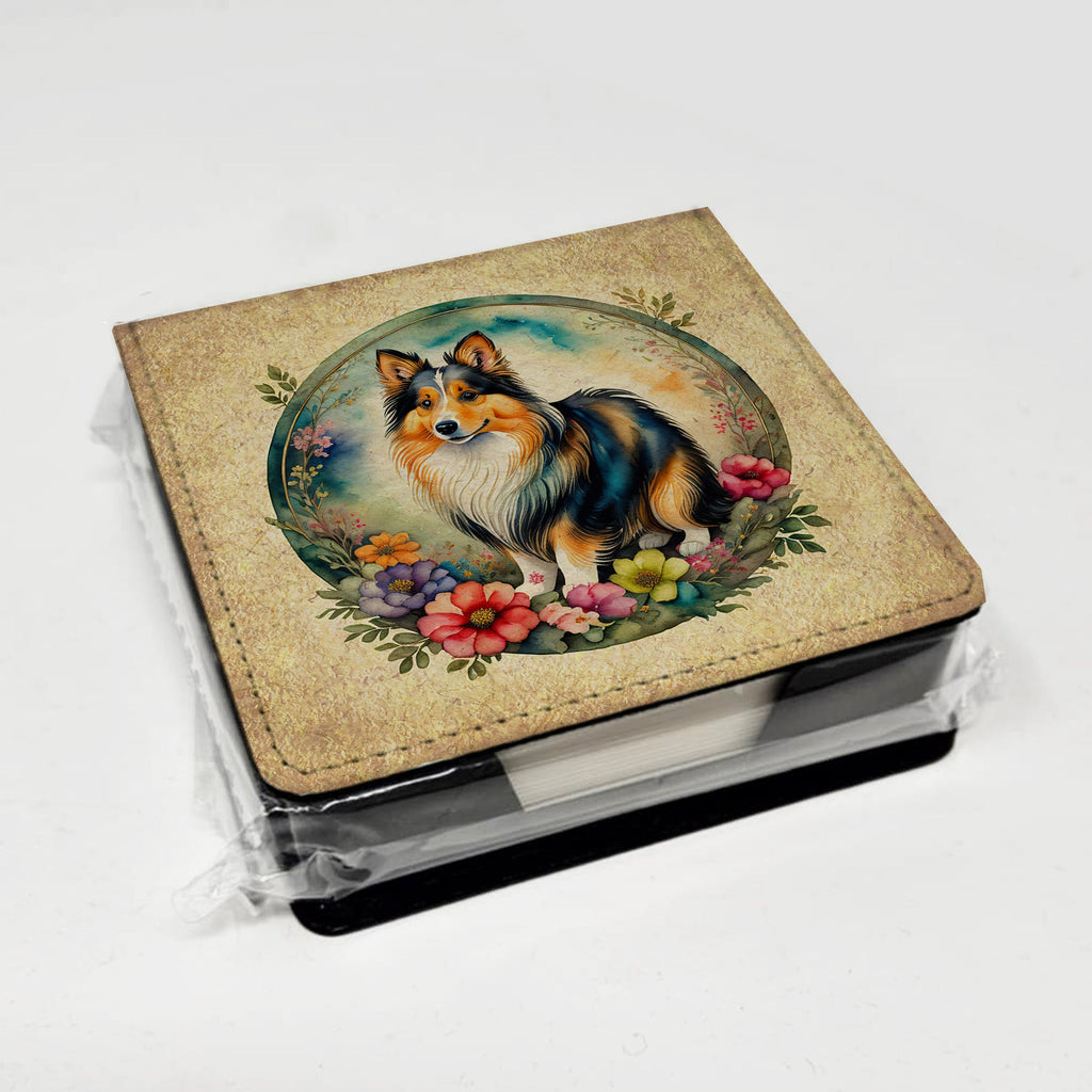 Sheltie and Flowers PU Leather Note Paper Holder with Artist-Designed Cover, Desk Accessory, Office Gift