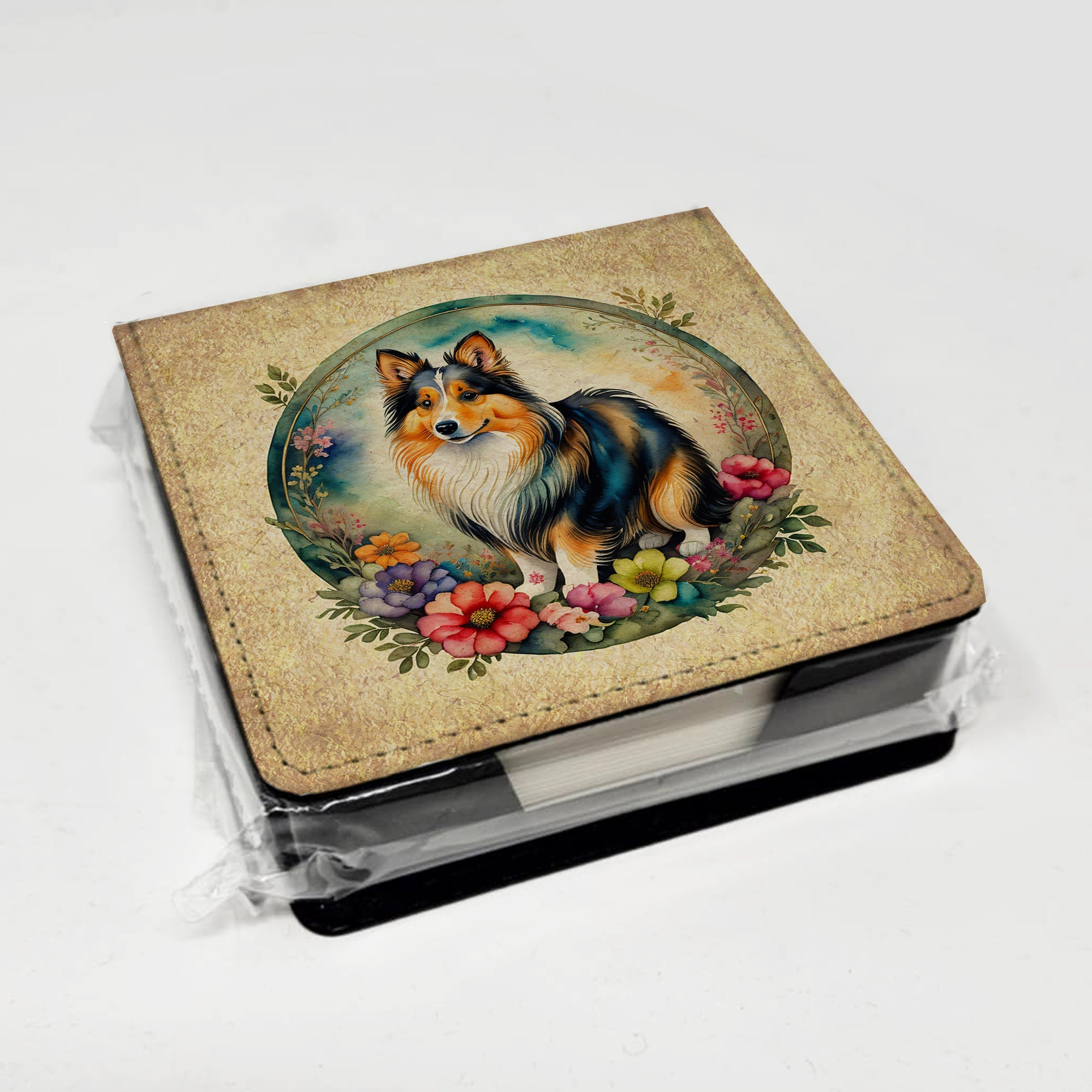 Sheltie and Flowers PU Leather Note Paper Holder with Artist-Designed Cover, Desk Accessory, Office Gift