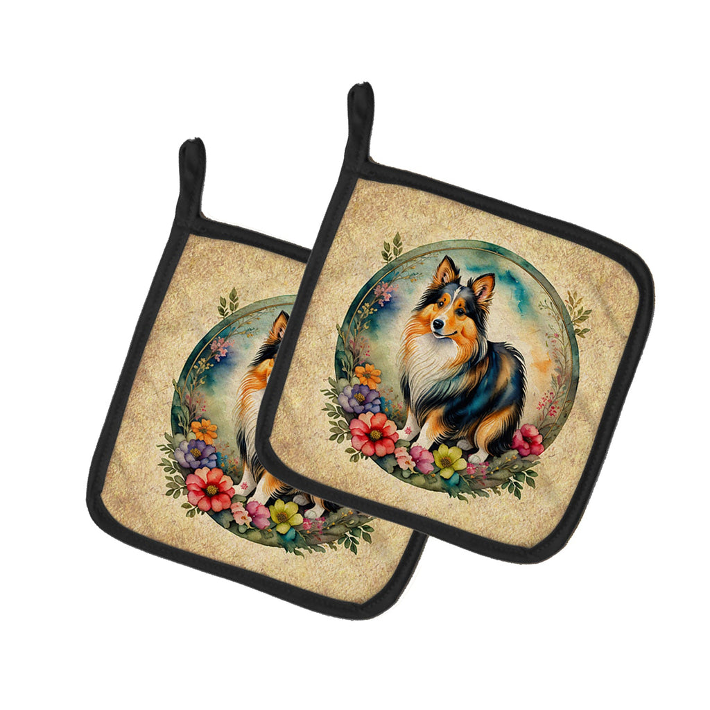 Sheltie and Flowers Pot Holder Set of 2 Heat Resistant Quilted Hot Pads 7.5 x 7.5 Inch, Insulated Kitchen Trivets for Cooking & Baking