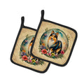 Sheltie and Flowers Pot Holder Set of 2 Heat Resistant Quilted Hot Pads 7.5 x 7.5 Inch, Insulated Kitchen Trivets for Cooking & Baking