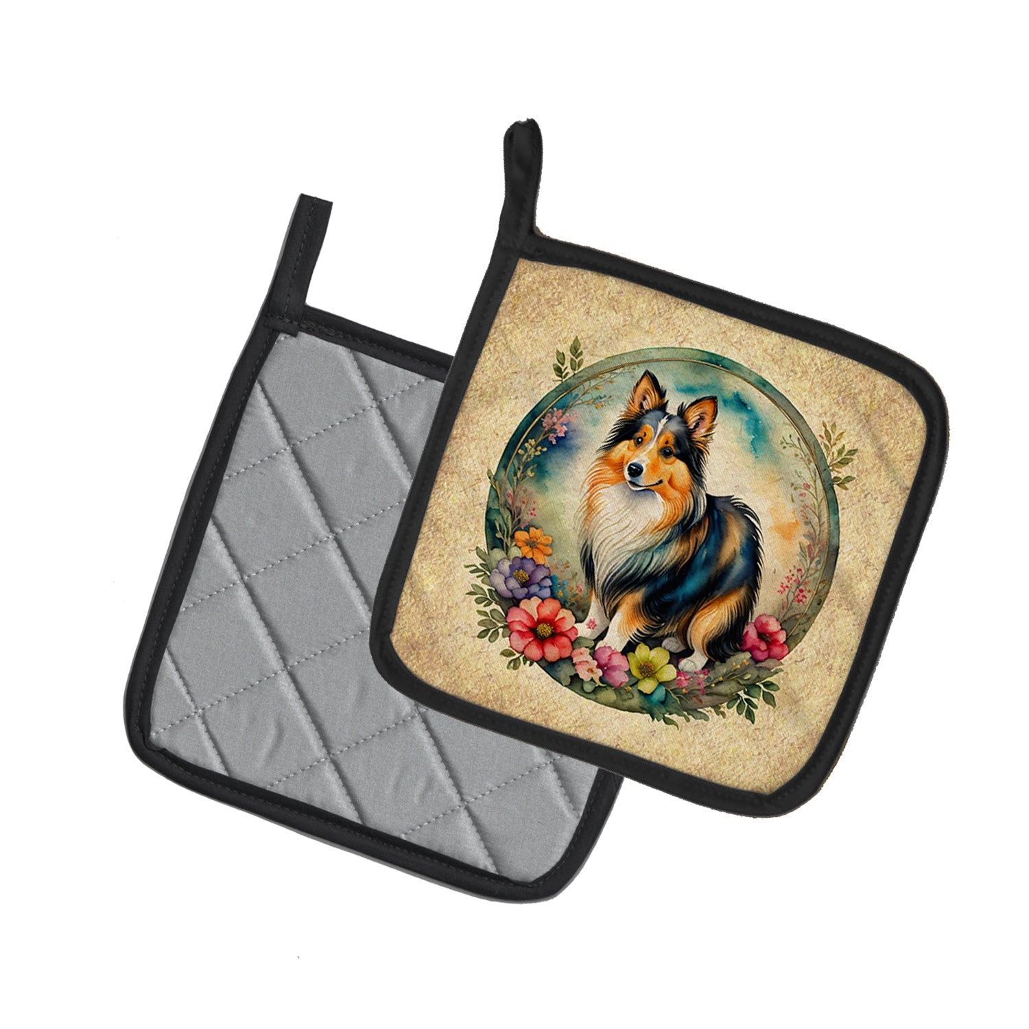 Sheltie and Flowers Pot Holder Set of 2 Heat Resistant Quilted Hot Pads 7.5 x 7.5 Inch, Insulated Kitchen Trivets for Cooking & Baking