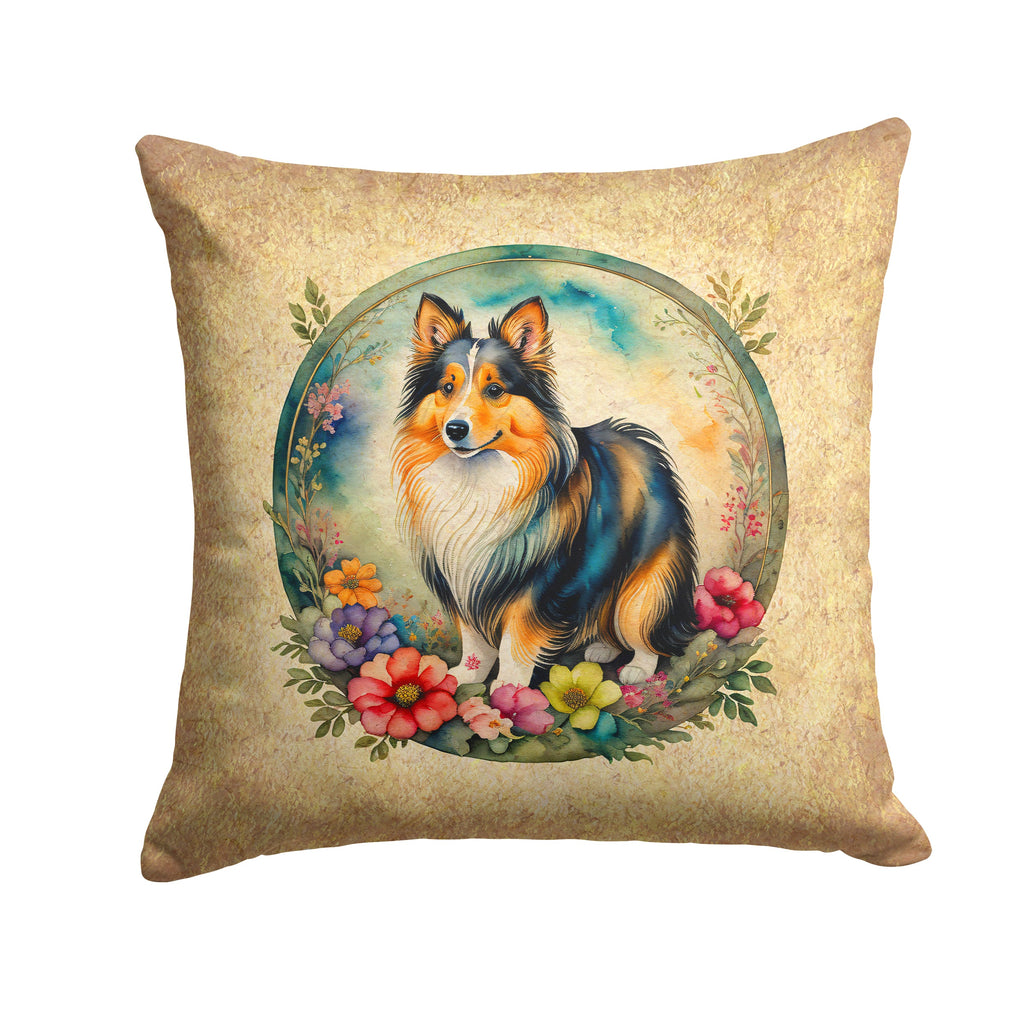 Sheltie and Flowers Decorative Throw Pillow 14x14 Indoor Outdoor Accent Cushion, Fabric Cover with Insert for Sofa, Bed, Porch & Living Room