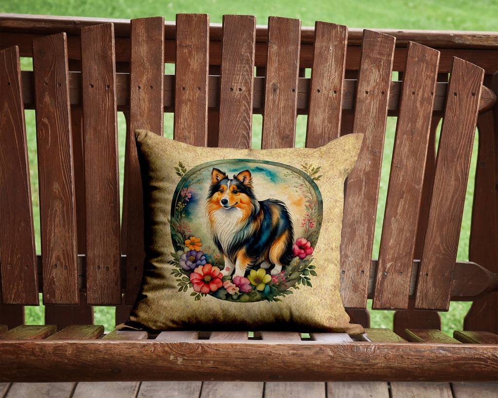 Sheltie and Flowers Decorative Throw Pillow 14x14 Indoor Outdoor Accent Cushion, Fabric Cover with Insert for Sofa, Bed, Porch & Living Room