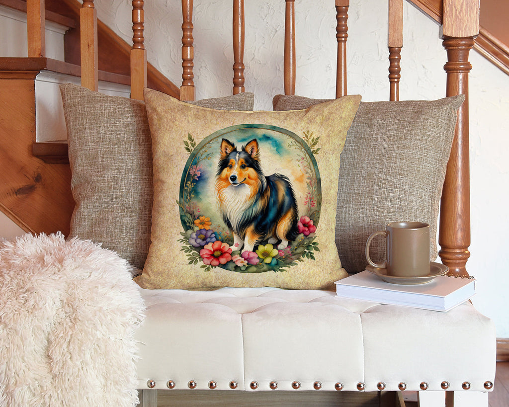 Sheltie and Flowers Decorative Throw Pillow 14x14 Indoor Outdoor Accent Cushion, Fabric Cover with Insert for Sofa, Bed, Porch & Living Room