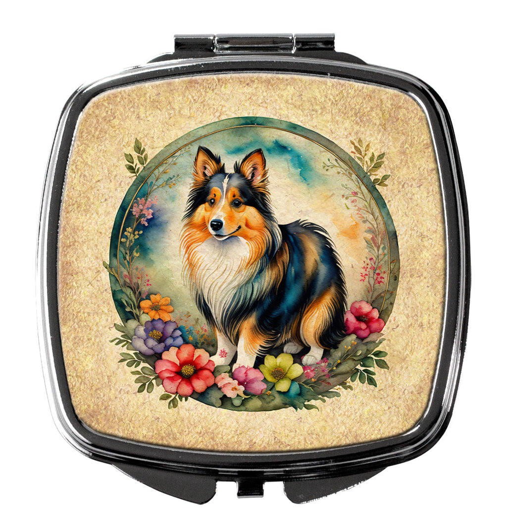 Sheltie and Flowers Compact Mirror Decorative Travel Makeup Mirror for Women Girls Gifts Pocket Makeup Mirror Folding Handheld