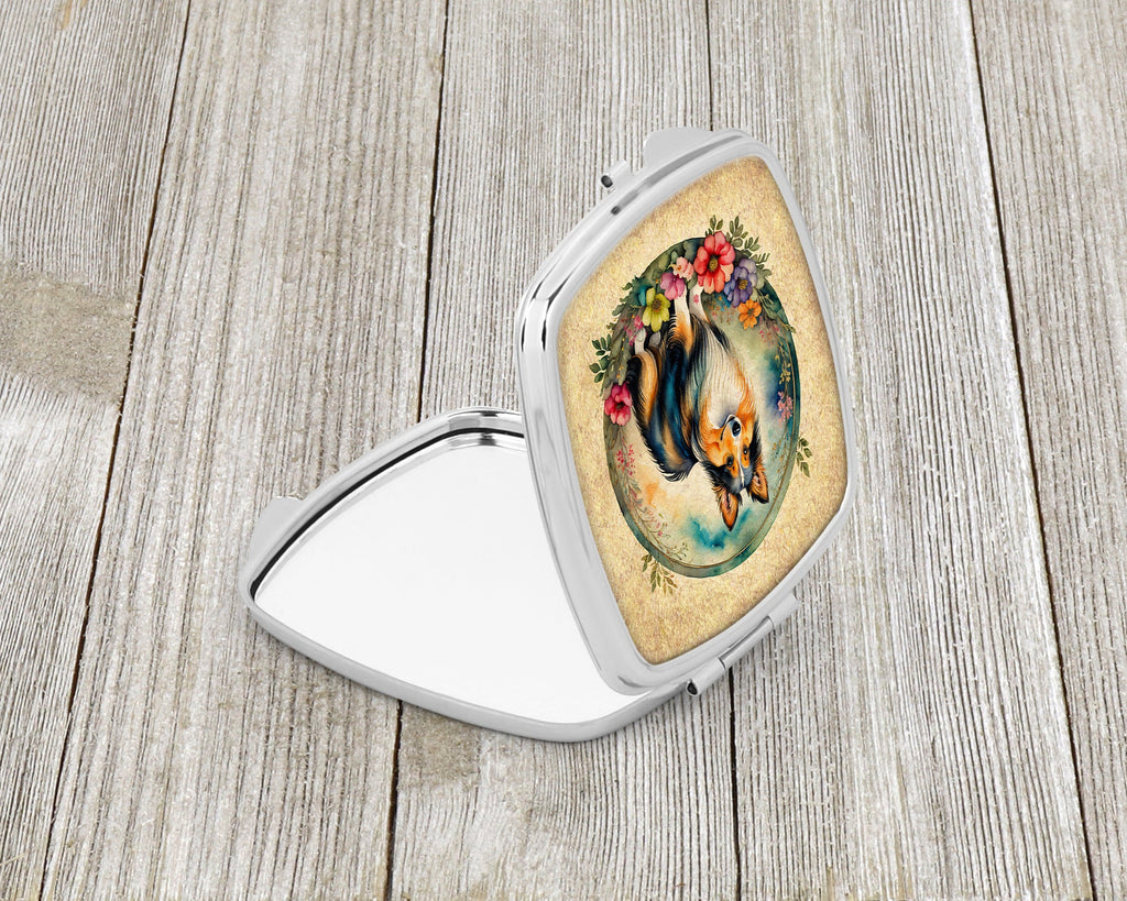 Sheltie and Flowers Compact Mirror Decorative Travel Makeup Mirror for Women Girls Gifts Pocket Makeup Mirror Folding Handheld