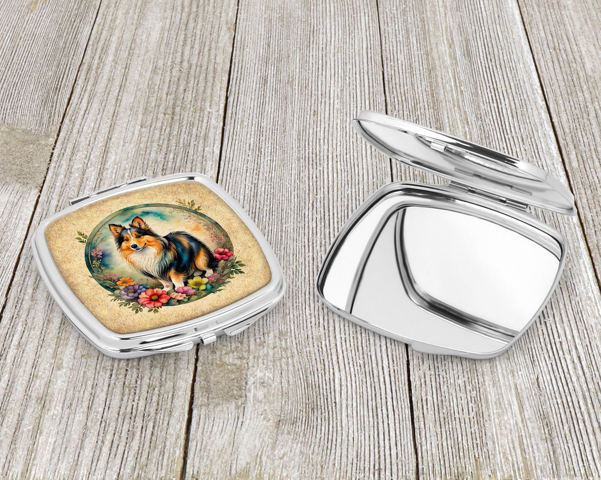 Sheltie and Flowers Compact Mirror Decorative Travel Makeup Mirror for Women Girls Gifts Pocket Makeup Mirror Folding Handheld