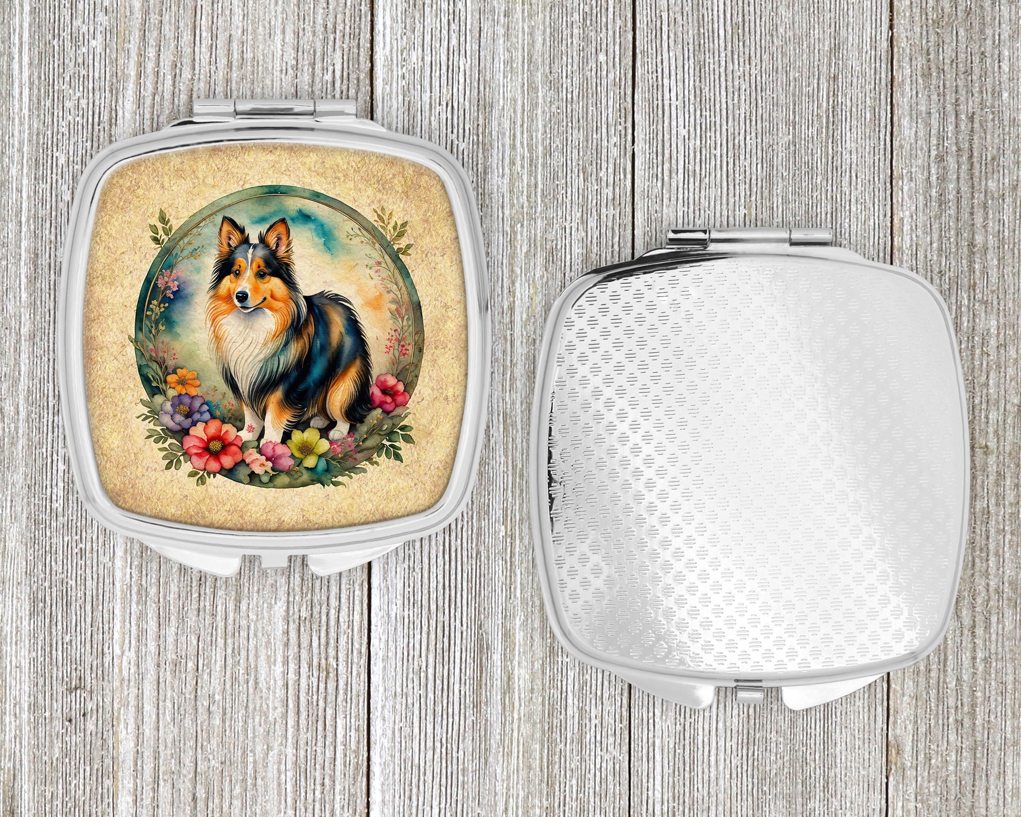 Sheltie and Flowers Compact Mirror Decorative Travel Makeup Mirror for Women Girls Gifts Pocket Makeup Mirror Folding Handheld