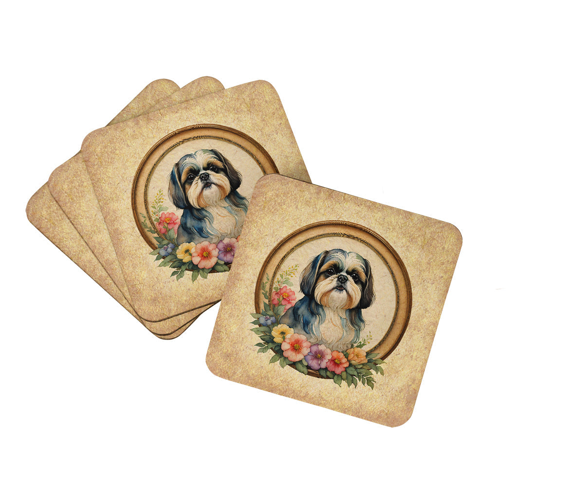 Shih Tzu and Flowers Foam Coasters Set of 4 Cup Coasters for Indoor Outdoor, Tabletop Protection, Anti Slip, Mouse pad Material