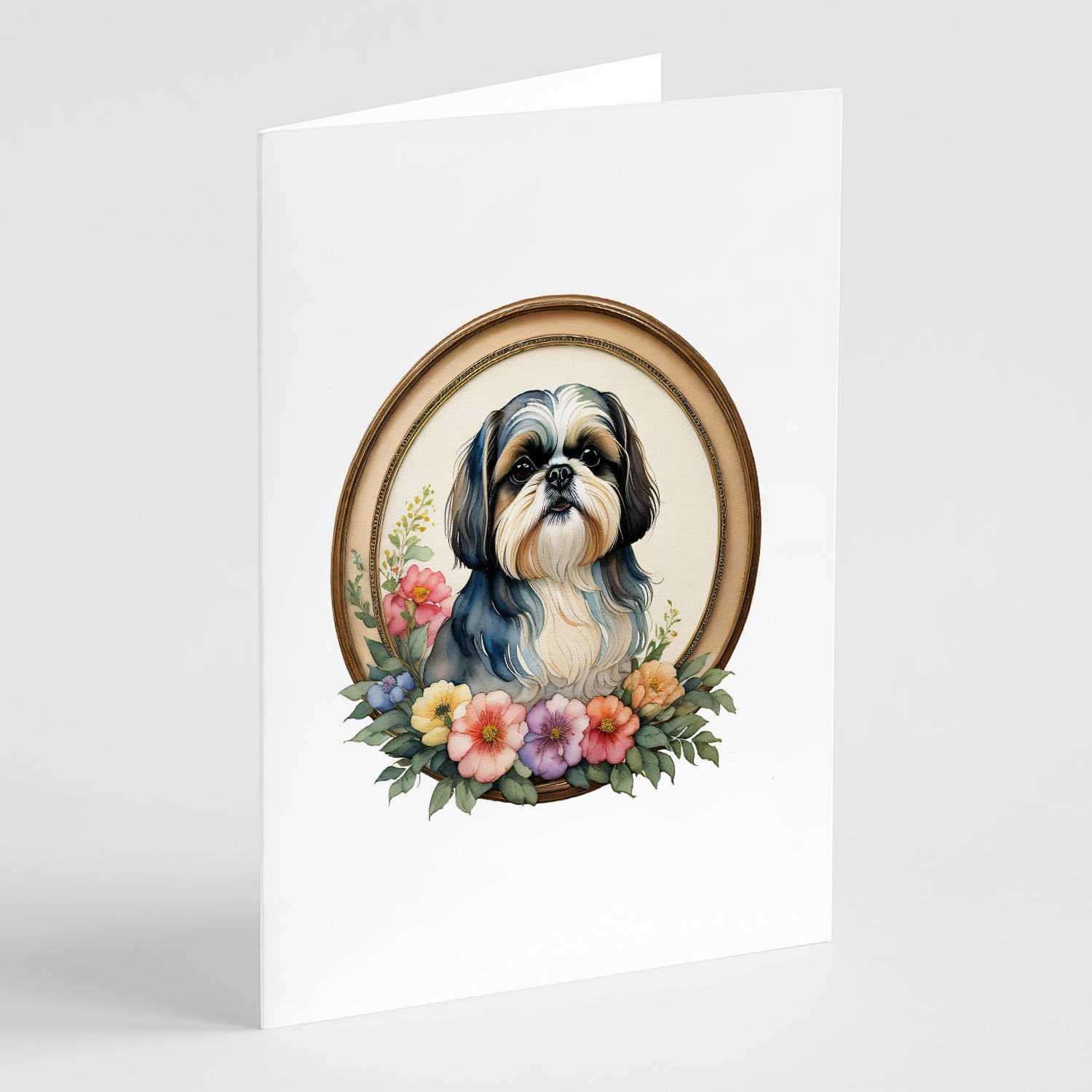 Shih Tzu and Flowers Greeting Cards Pack of 8 Blank Cards with Envelopes Whimsical A7 Size 5x7