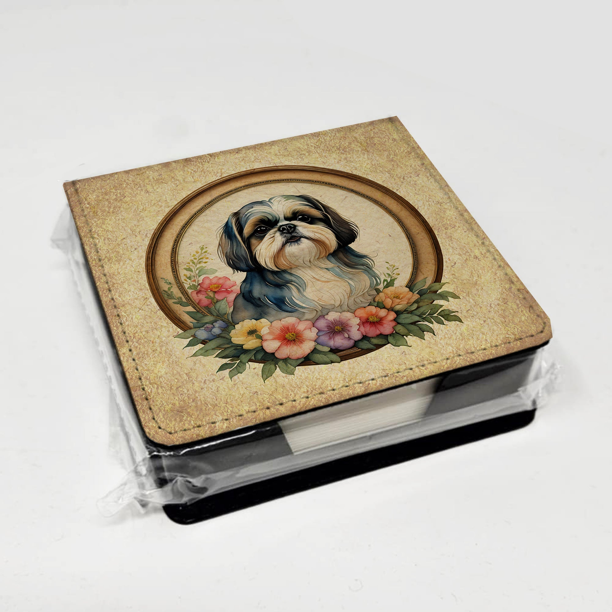 Shih Tzu and Flowers PU Leather Note Paper Holder with Artist-Designed Cover, Desk Accessory, Office Gift