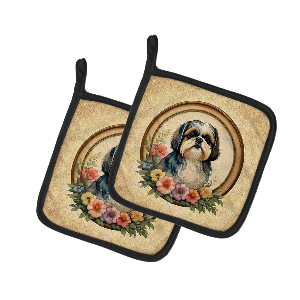 Shih Tzu and Flowers Pot Holder Set of 2 Heat Resistant Quilted Hot Pads 7.5 x 7.5 Inch, Insulated Kitchen Trivets for Cooking & Baking