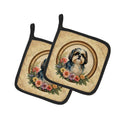 Shih Tzu and Flowers Pot Holder Set of 2 Heat Resistant Quilted Hot Pads 7.5 x 7.5 Inch, Insulated Kitchen Trivets for Cooking & Baking