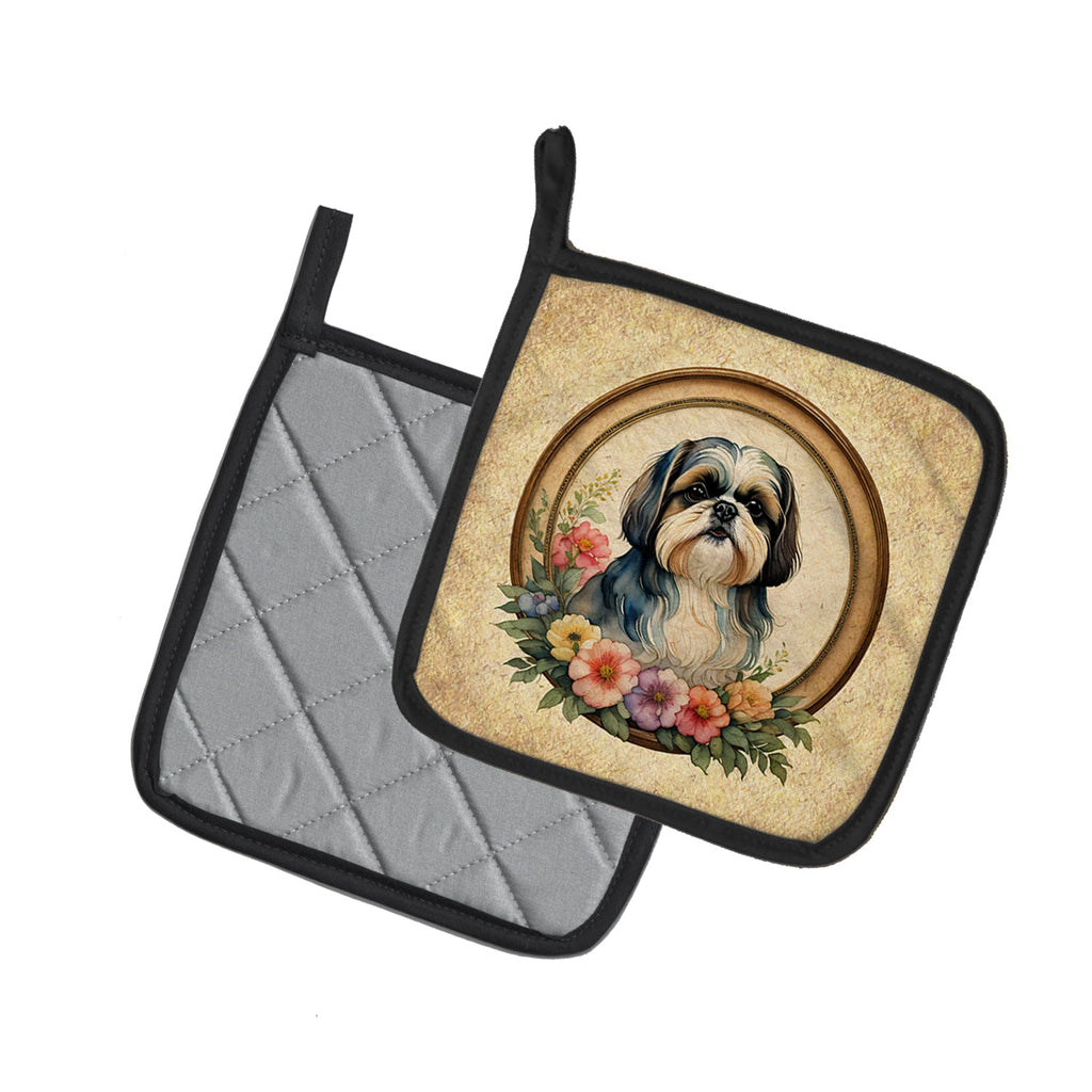 Shih Tzu and Flowers Pot Holder Set of 2 Heat Resistant Quilted Hot Pads 7.5 x 7.5 Inch, Insulated Kitchen Trivets for Cooking & Baking