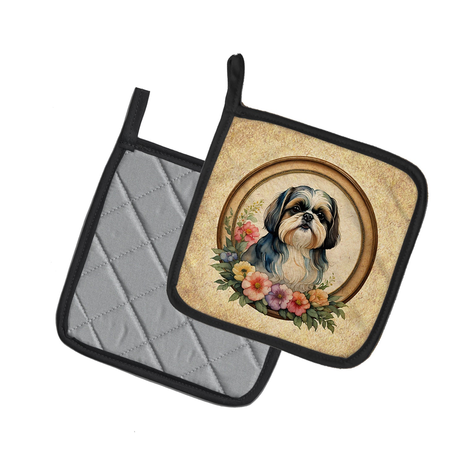 Shih Tzu and Flowers Pot Holder Set of 2 Heat Resistant Quilted Hot Pads 7.5 x 7.5 Inch, Insulated Kitchen Trivets for Cooking & Baking