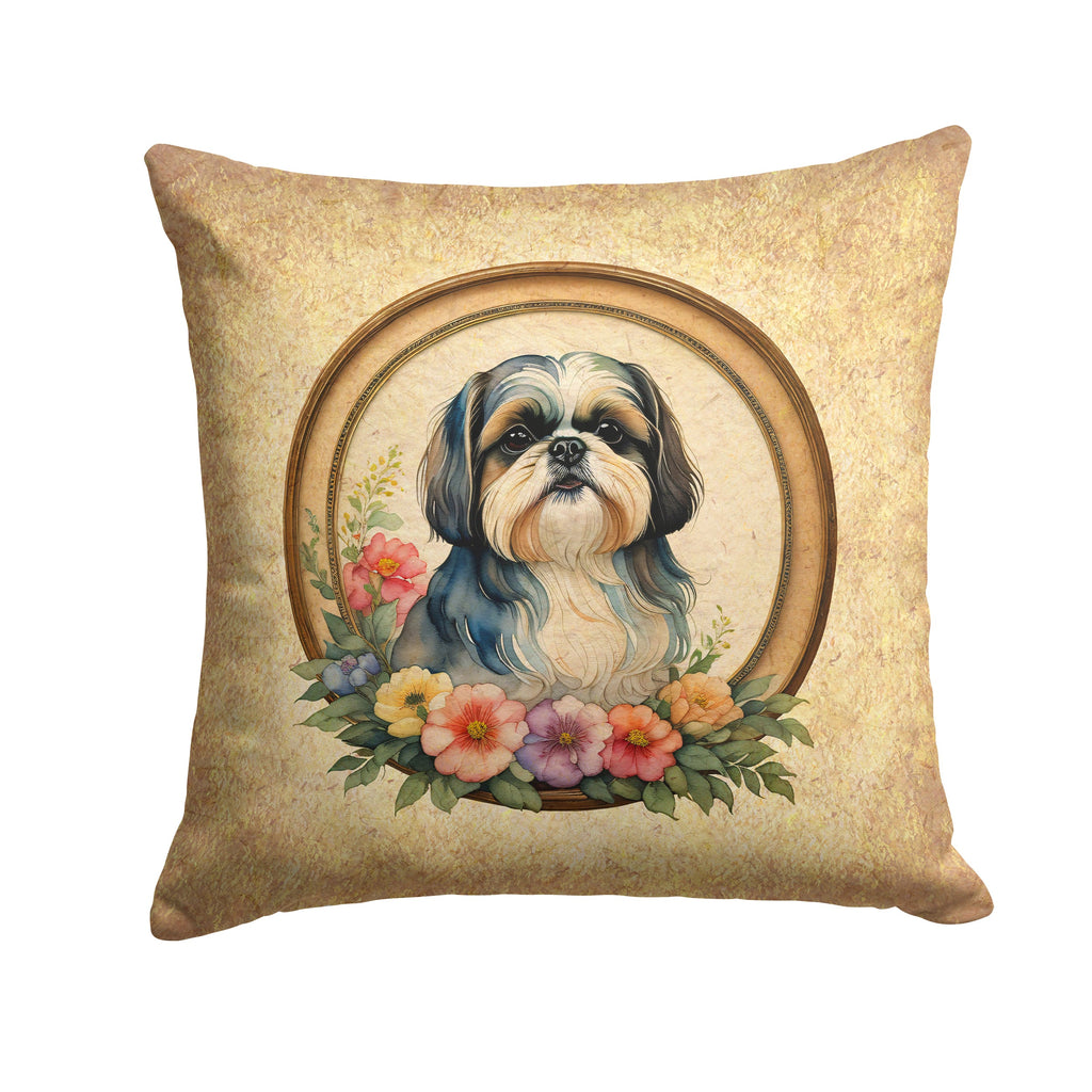 Shih Tzu and Flowers Decorative Throw Pillow 14x14 Indoor Outdoor Accent Cushion, Fabric Cover with Insert for Sofa, Bed, Porch & Living Room