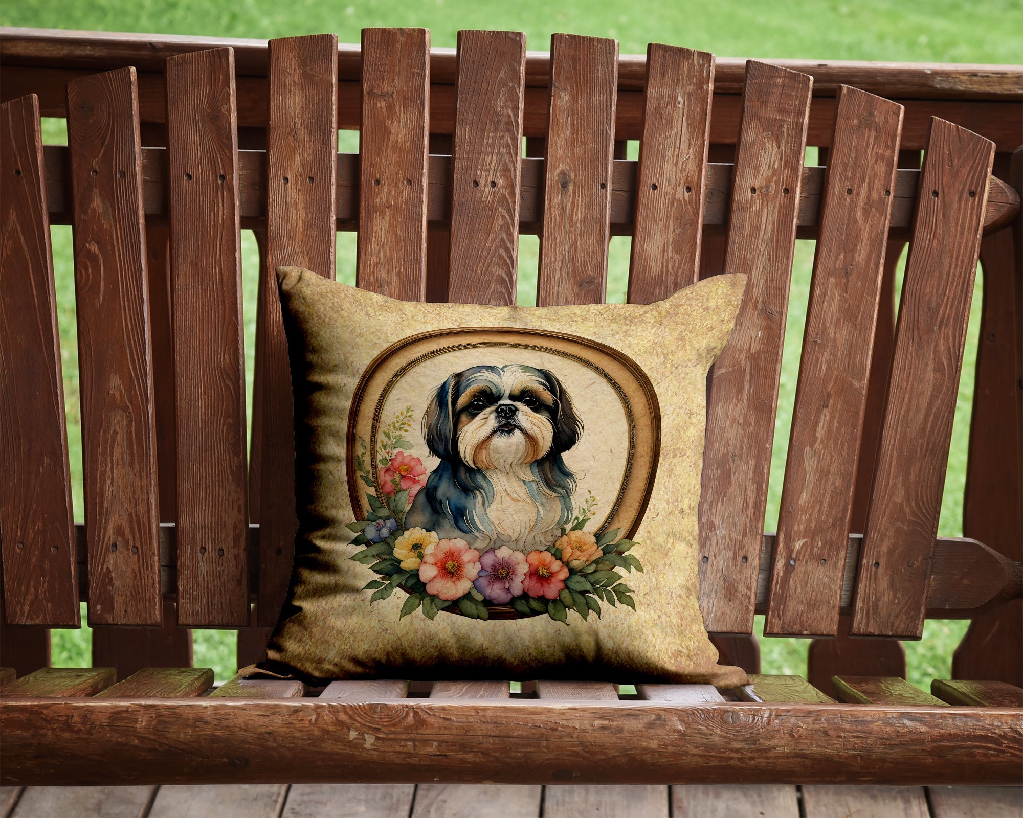 Shih Tzu and Flowers Decorative Throw Pillow 14x14 Indoor Outdoor Accent Cushion, Fabric Cover with Insert for Sofa, Bed, Porch & Living Room