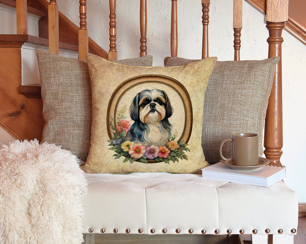 Shih Tzu and Flowers Decorative Throw Pillow 14x14 Indoor Outdoor Accent Cushion, Fabric Cover with Insert for Sofa, Bed, Porch & Living Room