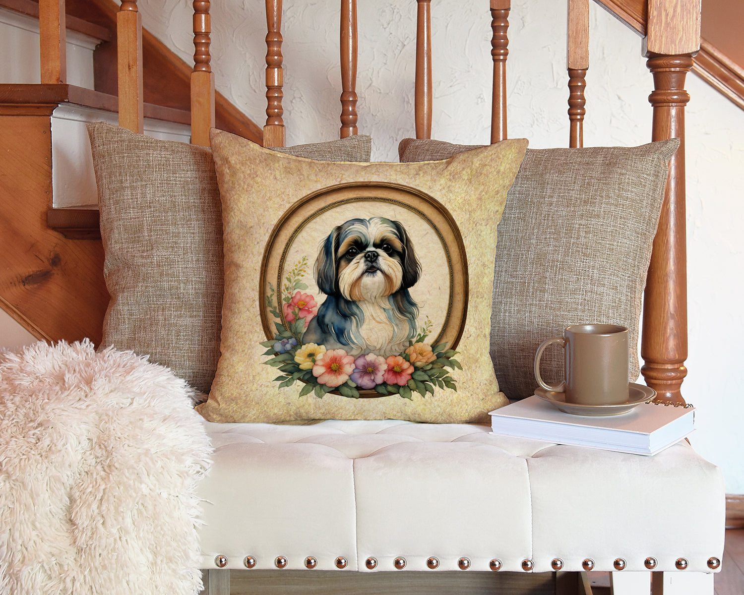 Shih Tzu and Flowers Decorative Throw Pillow 14x14 Indoor Outdoor Accent Cushion, Fabric Cover with Insert for Sofa, Bed, Porch & Living Room