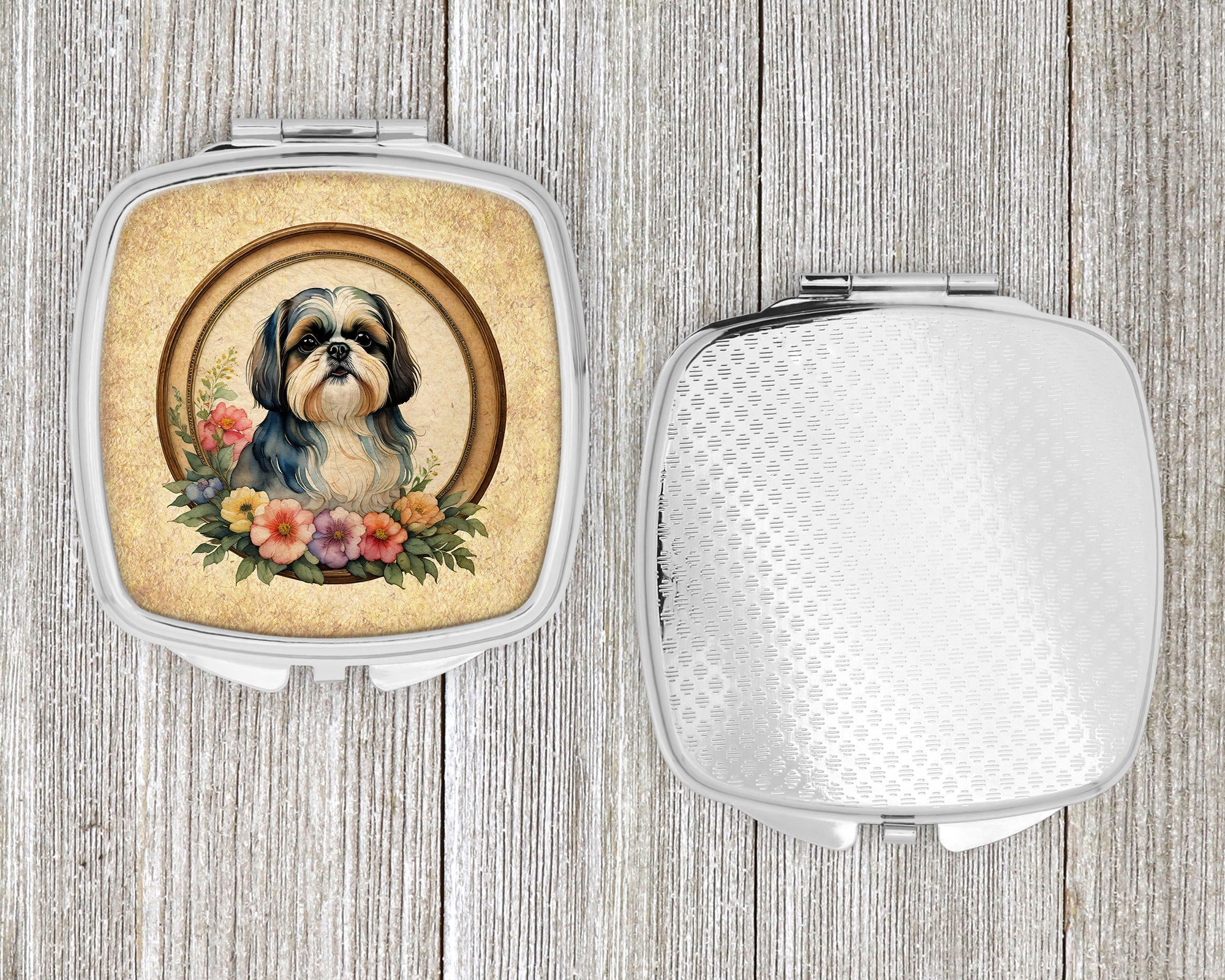 Shih Tzu and Flowers Compact Mirror Decorative Travel Makeup Mirror for Women Girls Gifts Pocket Makeup Mirror Folding Handheld
