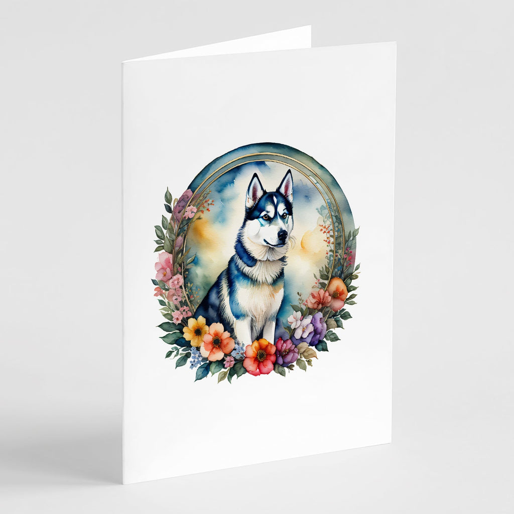 Siberian Husky and Flowers Greeting Cards Pack of 8 Blank Cards with Envelopes Whimsical A7 Size 5x7