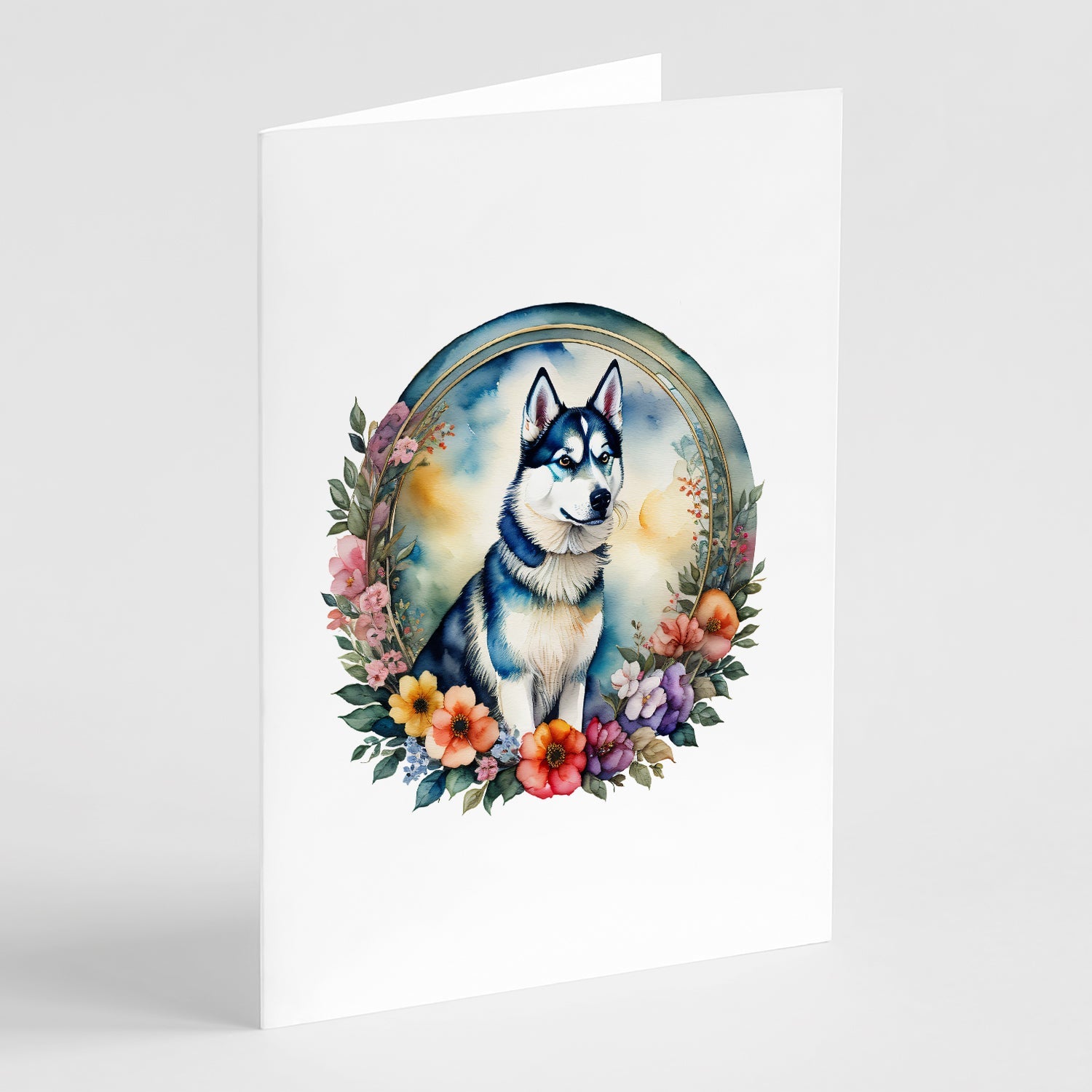 Siberian Husky and Flowers Greeting Cards Pack of 8 Blank Cards with Envelopes Whimsical A7 Size 5x7