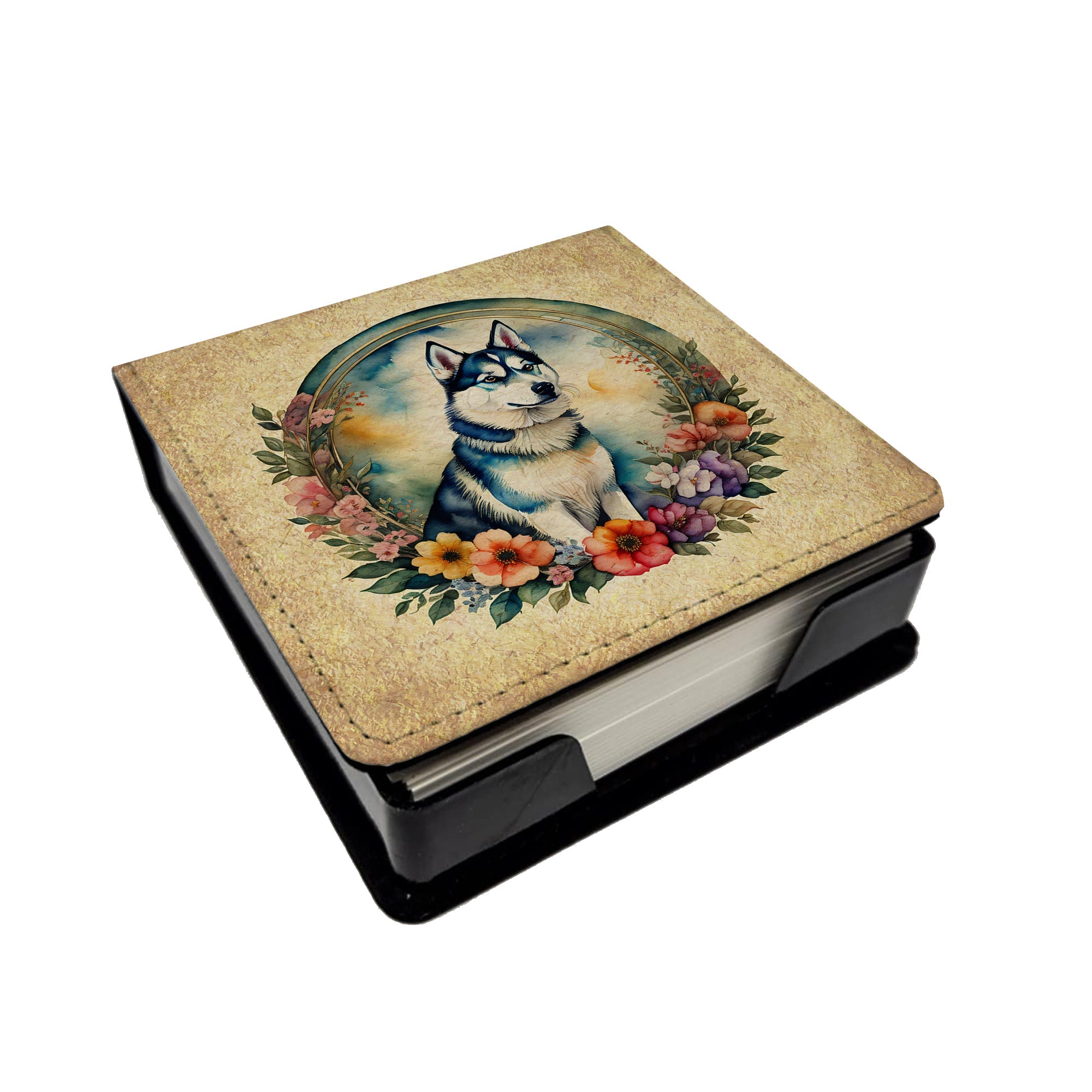 Siberian Husky and Flowers PU Leather Note Paper Holder with Artist-Designed Cover, Desk Accessory, Office Gift