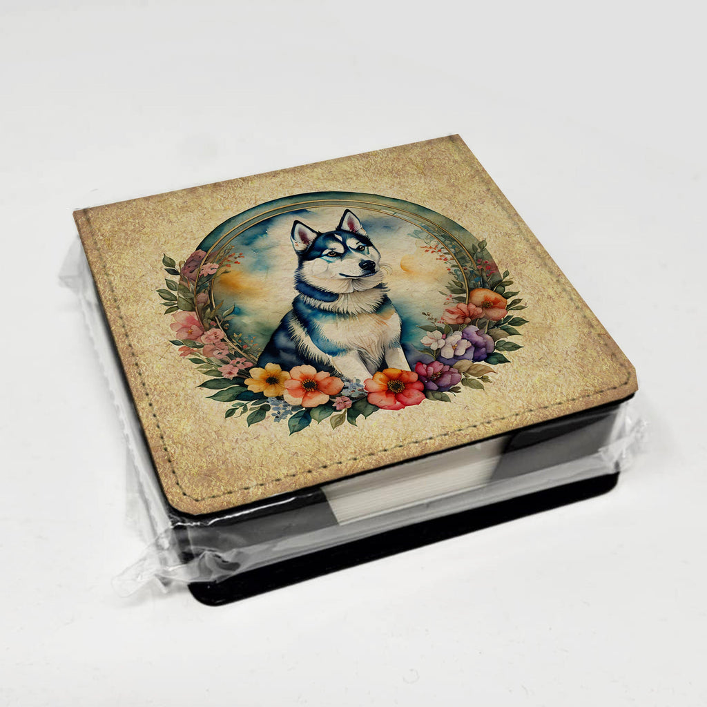Siberian Husky and Flowers PU Leather Note Paper Holder with Artist-Designed Cover, Desk Accessory, Office Gift