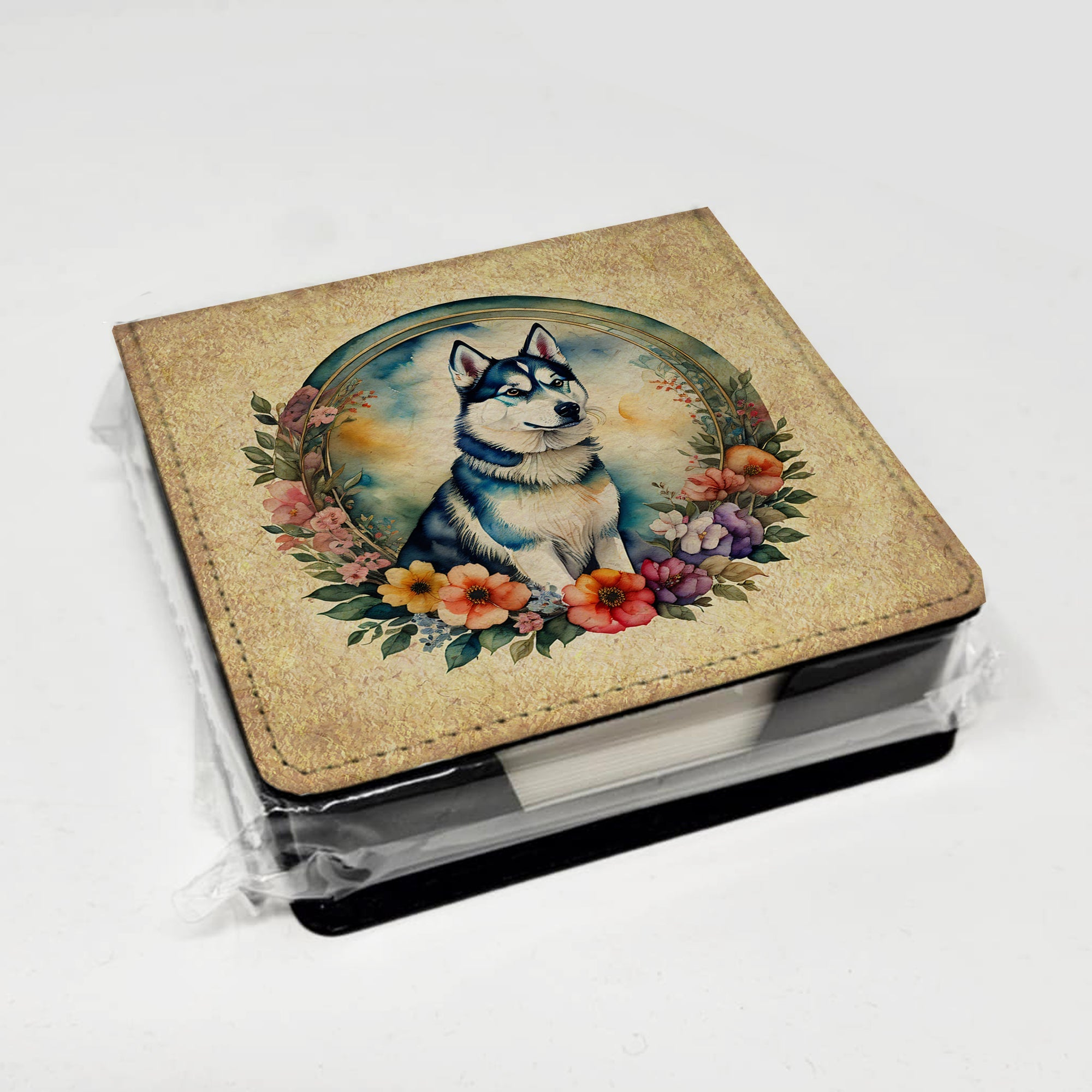 Siberian Husky and Flowers PU Leather Note Paper Holder with Artist-Designed Cover, Desk Accessory, Office Gift