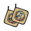 Siberian Husky and Flowers Pot Holder Set of 2 Heat Resistant Quilted Hot Pads 7.5 x 7.5 Inch, Insulated Kitchen Trivets for Cooking & Baking