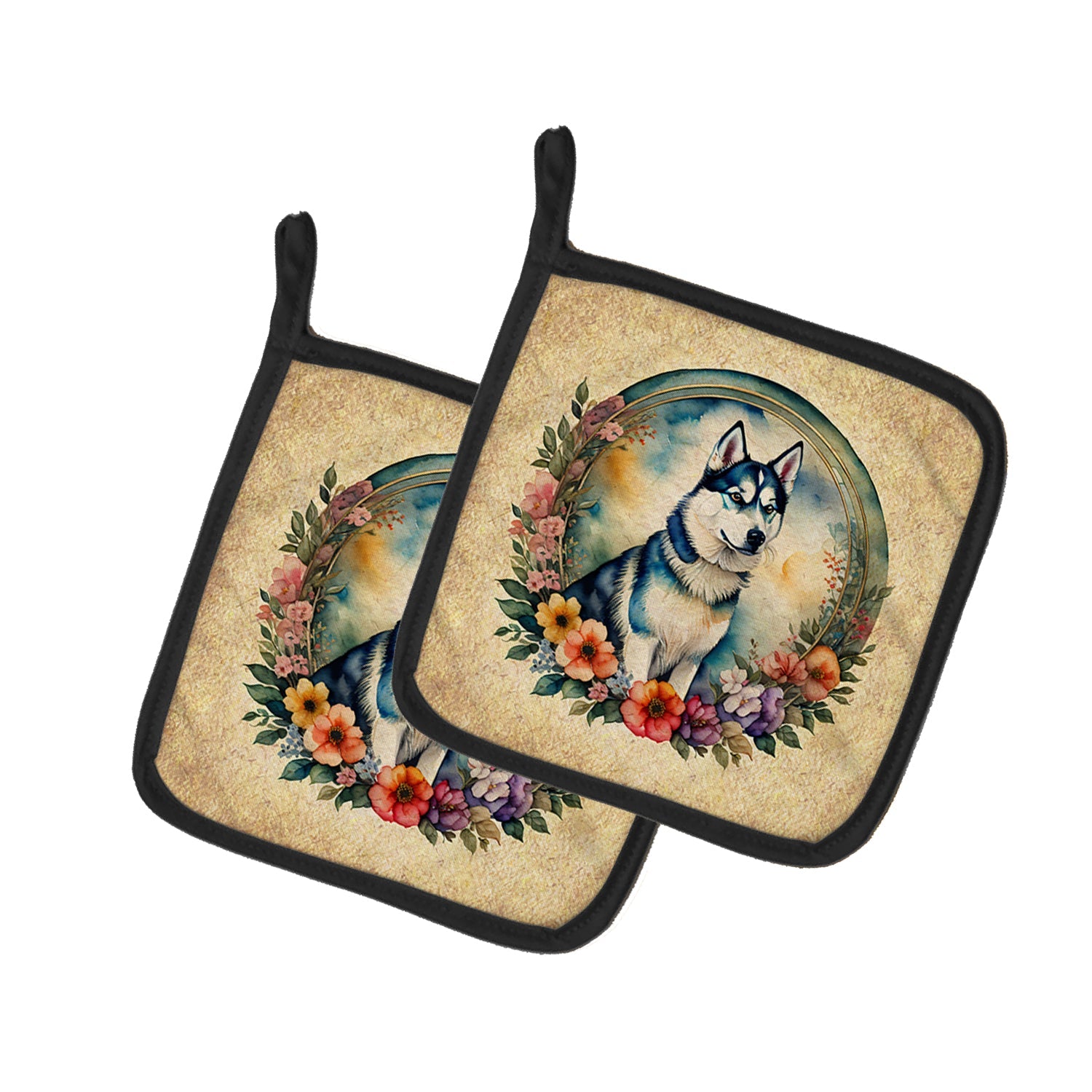 Siberian Husky and Flowers Pot Holder Set of 2 Heat Resistant Quilted Hot Pads 7.5 x 7.5 Inch, Insulated Kitchen Trivets for Cooking & Baking