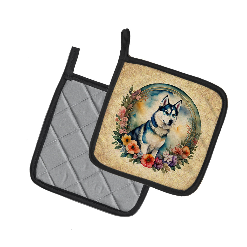 Siberian Husky and Flowers Pot Holder Set of 2 Heat Resistant Quilted Hot Pads 7.5 x 7.5 Inch, Insulated Kitchen Trivets for Cooking & Baking