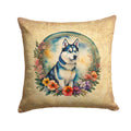 Siberian Husky and Flowers Decorative Throw Pillow 14x14 Indoor Outdoor Accent Cushion, Fabric Cover with Insert for Sofa, Bed, Porch & Living Room