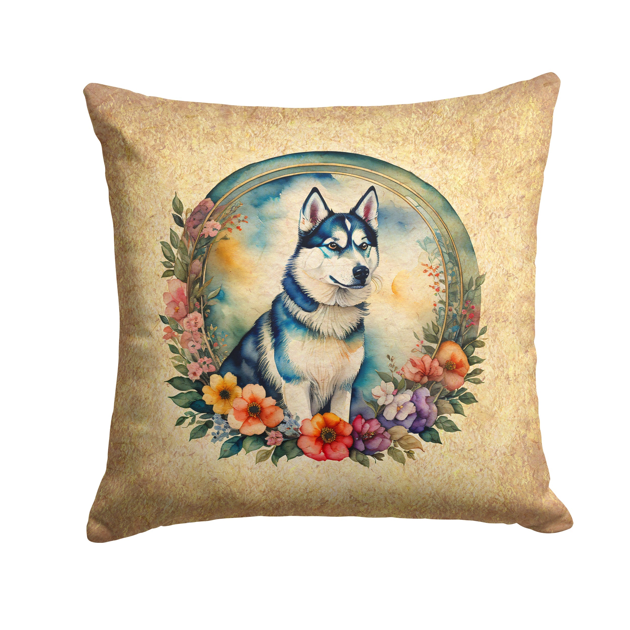 Siberian Husky and Flowers Decorative Throw Pillow 14x14 Indoor Outdoor Accent Cushion, Fabric Cover with Insert for Sofa, Bed, Porch & Living Room