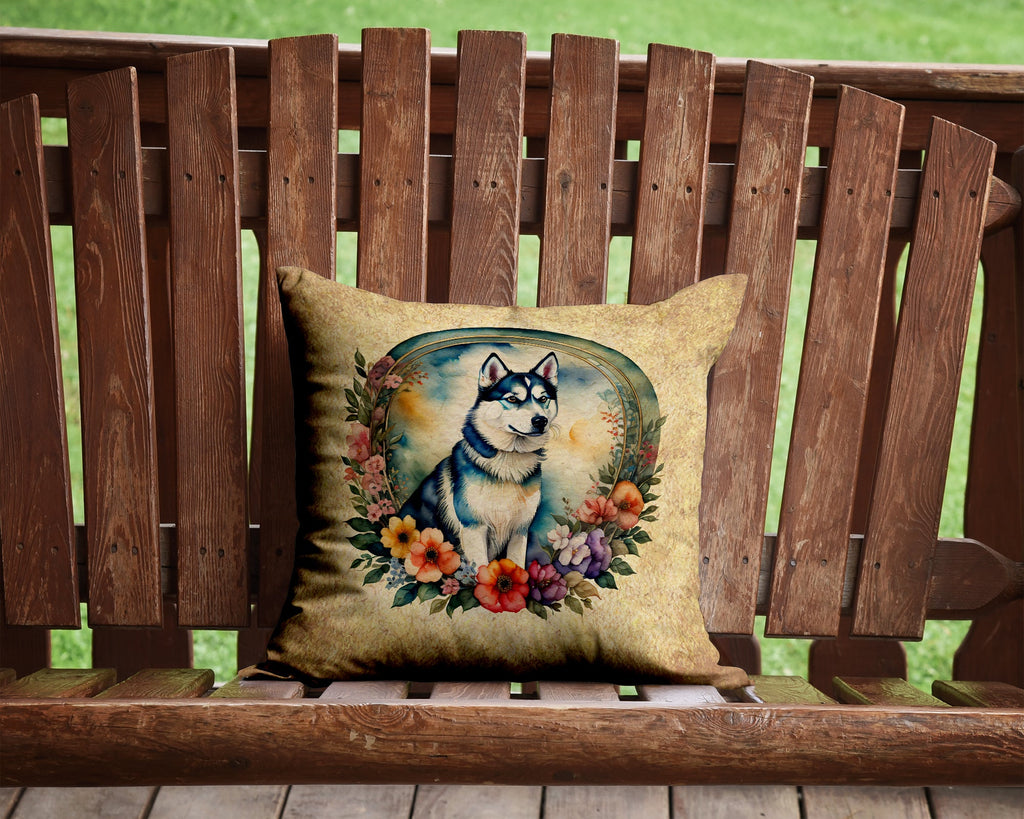 Siberian Husky and Flowers Decorative Throw Pillow 14x14 Indoor Outdoor Accent Cushion, Fabric Cover with Insert for Sofa, Bed, Porch & Living Room