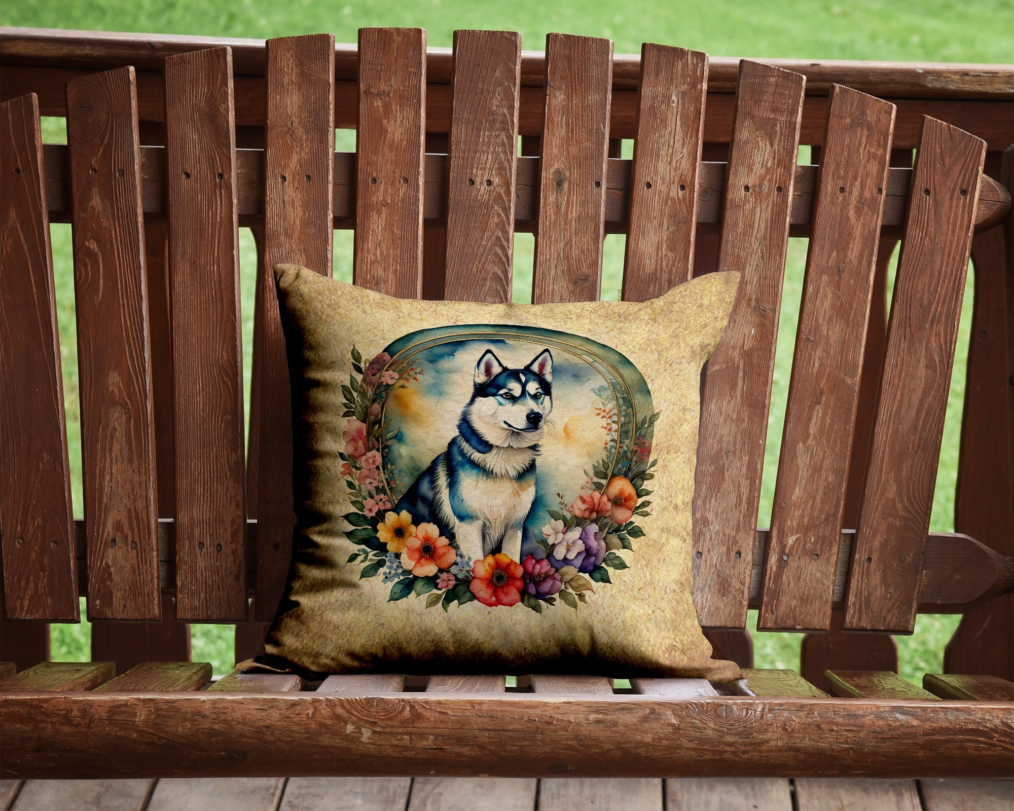 Siberian Husky and Flowers Decorative Throw Pillow 14x14 Indoor Outdoor Accent Cushion, Fabric Cover with Insert for Sofa, Bed, Porch & Living Room