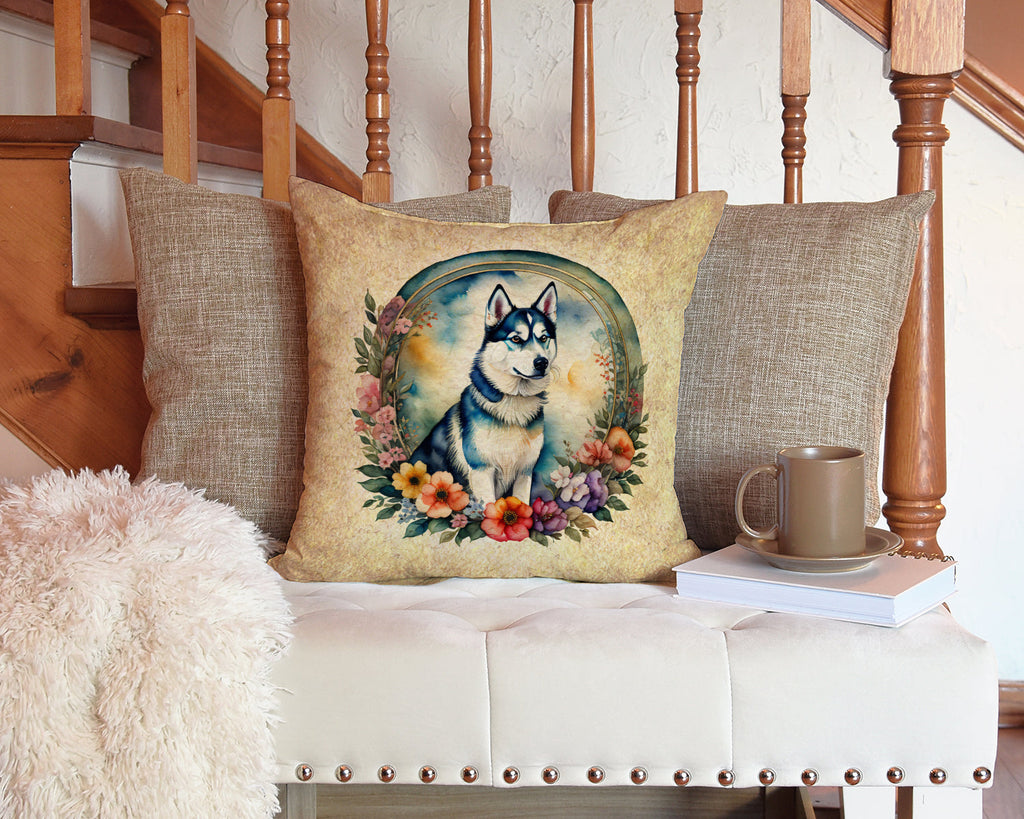 Siberian Husky and Flowers Decorative Throw Pillow 14x14 Indoor Outdoor Accent Cushion, Fabric Cover with Insert for Sofa, Bed, Porch & Living Room