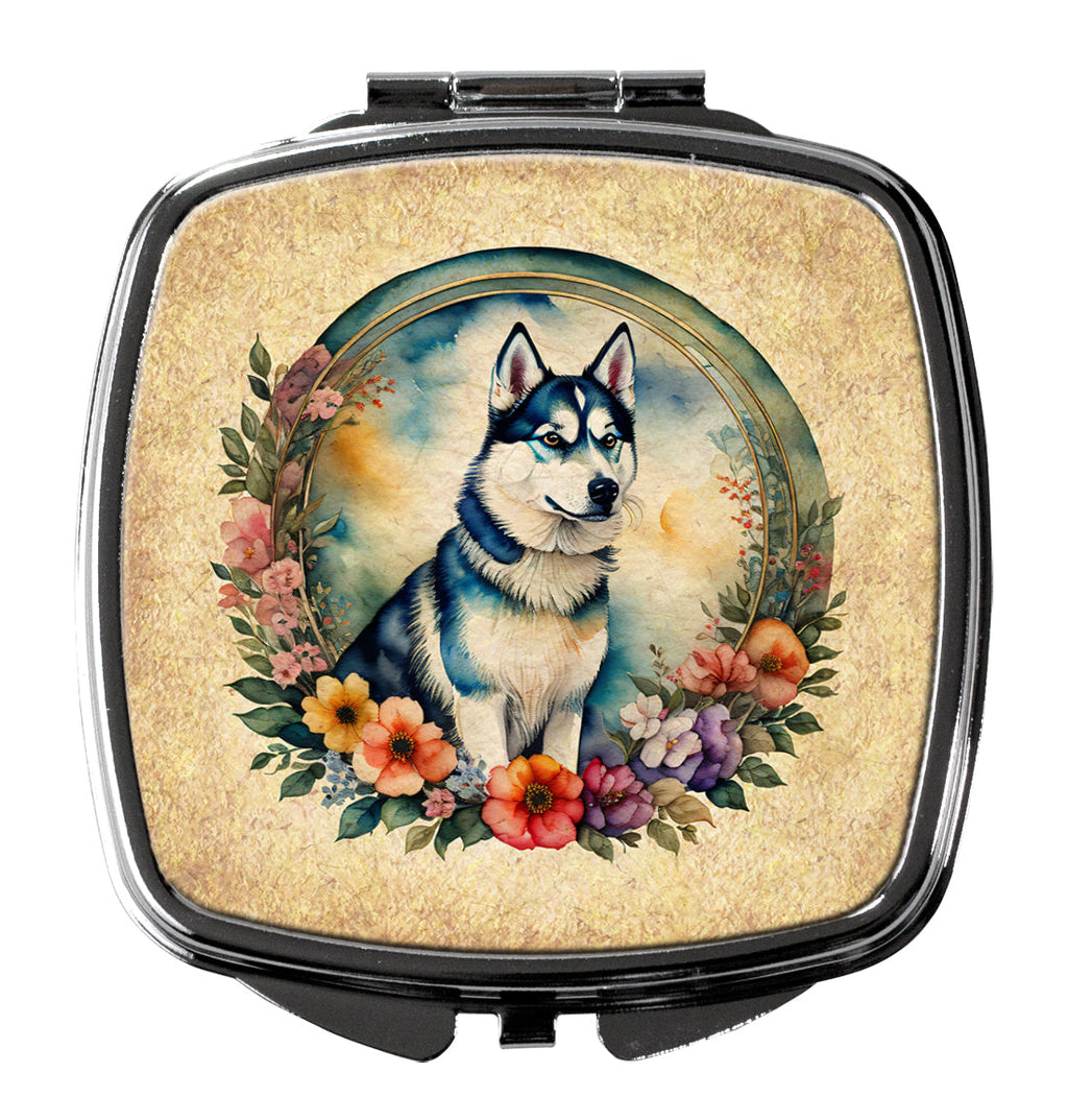 Siberian Husky and Flowers Compact Mirror Decorative Travel Makeup Mirror for Women Girls Gifts Pocket Makeup Mirror Folding Handheld