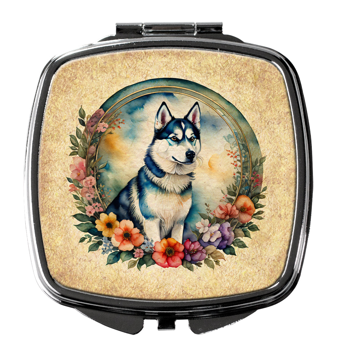 Siberian Husky and Flowers Compact Mirror Decorative Travel Makeup Mirror for Women Girls Gifts Pocket Makeup Mirror Folding Handheld