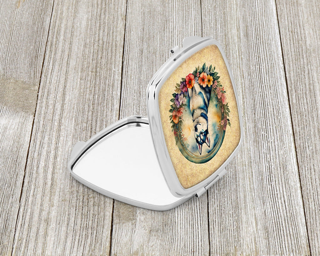 Siberian Husky and Flowers Compact Mirror Decorative Travel Makeup Mirror for Women Girls Gifts Pocket Makeup Mirror Folding Handheld