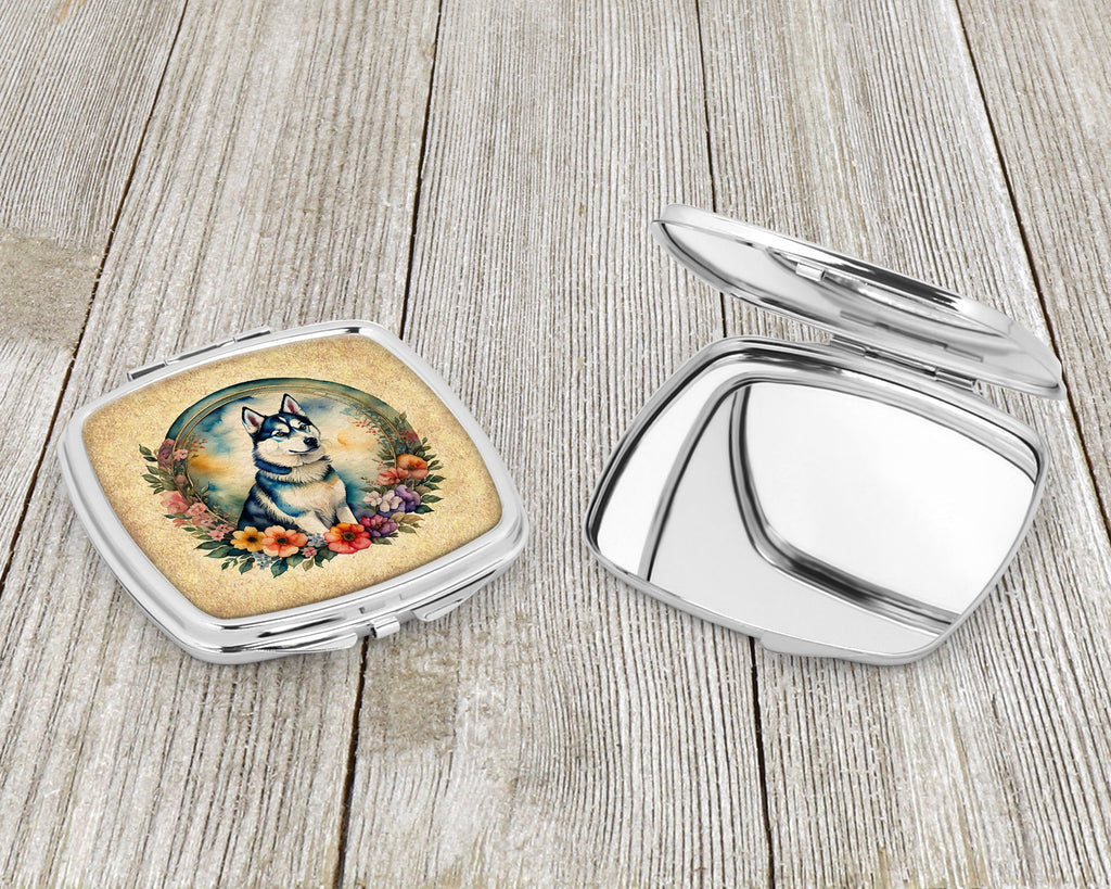 Siberian Husky and Flowers Compact Mirror Decorative Travel Makeup Mirror for Women Girls Gifts Pocket Makeup Mirror Folding Handheld
