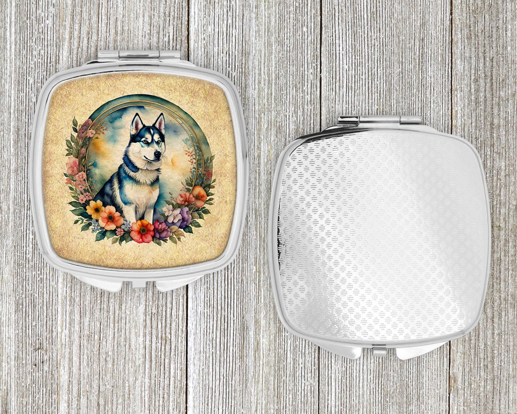 Siberian Husky and Flowers Compact Mirror Decorative Travel Makeup Mirror for Women Girls Gifts Pocket Makeup Mirror Folding Handheld