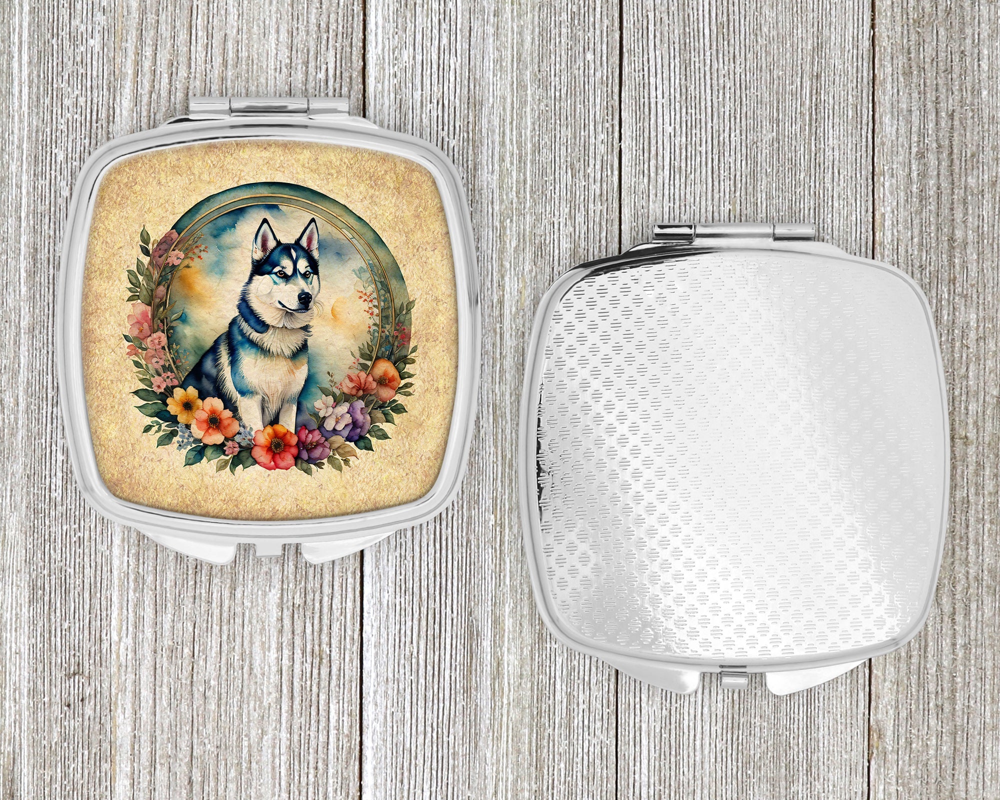 Siberian Husky and Flowers Compact Mirror Decorative Travel Makeup Mirror for Women Girls Gifts Pocket Makeup Mirror Folding Handheld