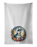 Siberian Husky and Flowers Kitchen Towel Set of 2 White Dish Towels Decorative Bathroom Hand towel for Hand, Face, Hair, Yoga, Tea, Dishcloth, 19 X 28", White