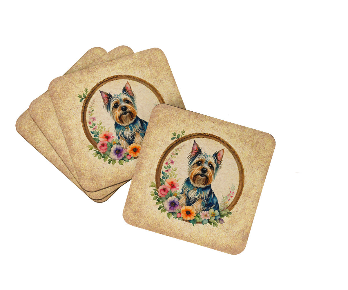 Silky Terrier and Flowers Foam Coasters Set of 4 Cup Coasters for Indoor Outdoor, Tabletop Protection, Anti Slip, Mouse pad Material