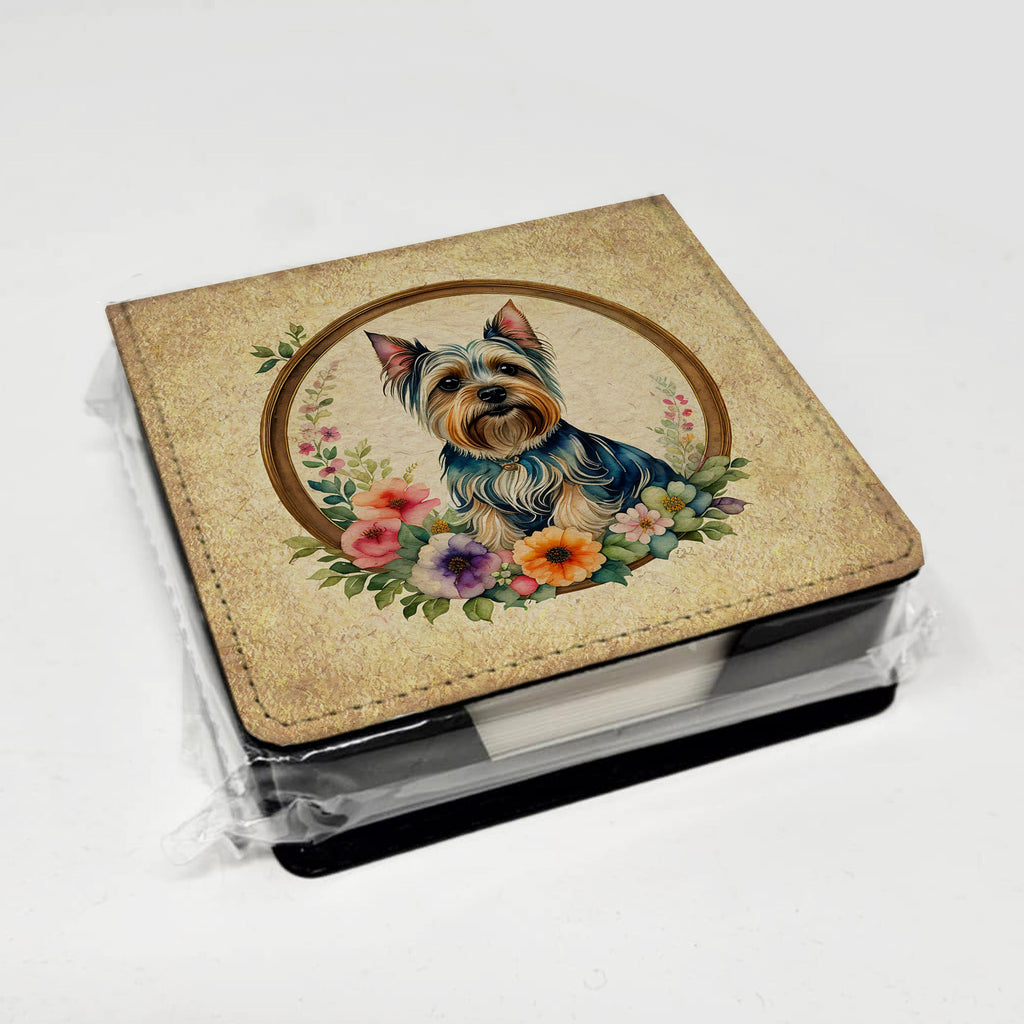 Silky Terrier and Flowers PU Leather Note Paper Holder with Artist-Designed Cover, Desk Accessory, Office Gift