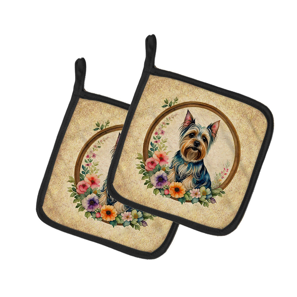 Silky Terrier and Flowers Pot Holder Set of 2 Heat Resistant Quilted Hot Pads 7.5 x 7.5 Inch, Insulated Kitchen Trivets for Cooking & Baking