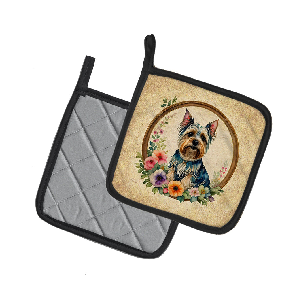Silky Terrier and Flowers Pot Holder Set of 2 Heat Resistant Quilted Hot Pads 7.5 x 7.5 Inch, Insulated Kitchen Trivets for Cooking & Baking