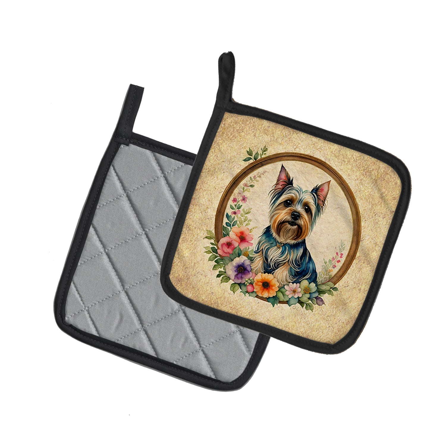 Silky Terrier and Flowers Pot Holder Set of 2 Heat Resistant Quilted Hot Pads 7.5 x 7.5 Inch, Insulated Kitchen Trivets for Cooking & Baking