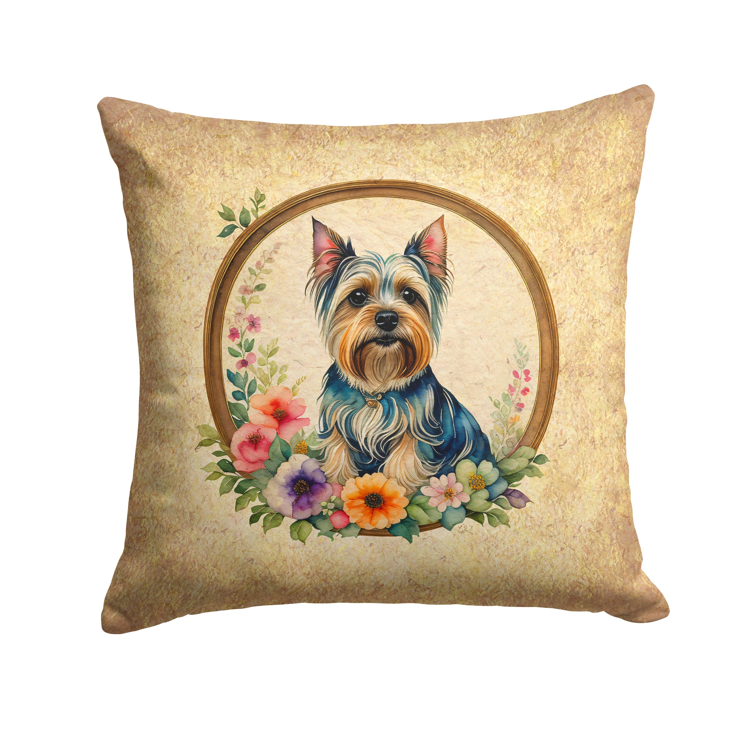 Silky Terrier and Flowers Decorative Throw Pillow 14x14 Indoor Outdoor Accent Cushion, Fabric Cover with Insert for Sofa, Bed, Porch & Living Room